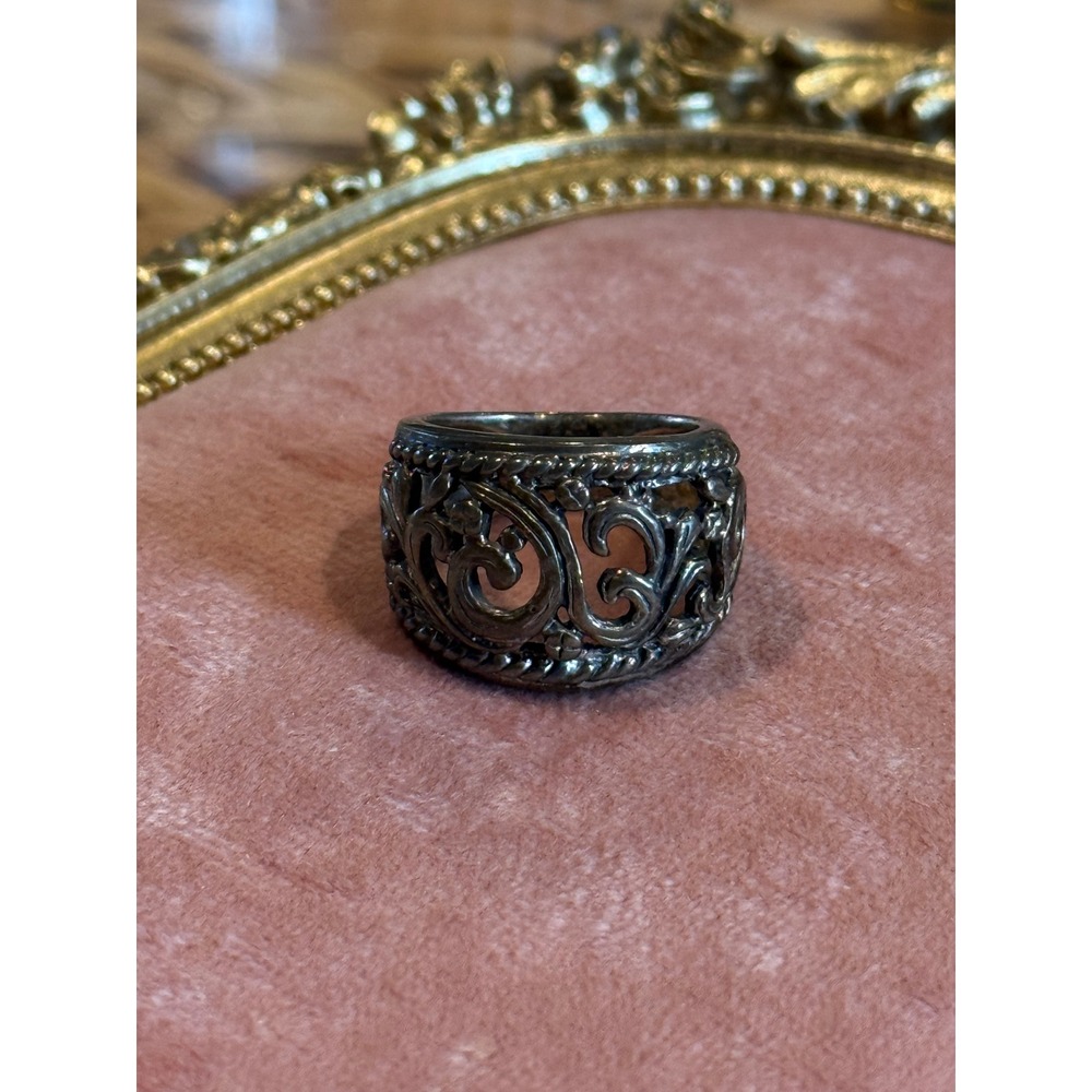 Vintage‎ Sterling Silver Filigree Statement Ring Floral Scrollwork Band 6.5